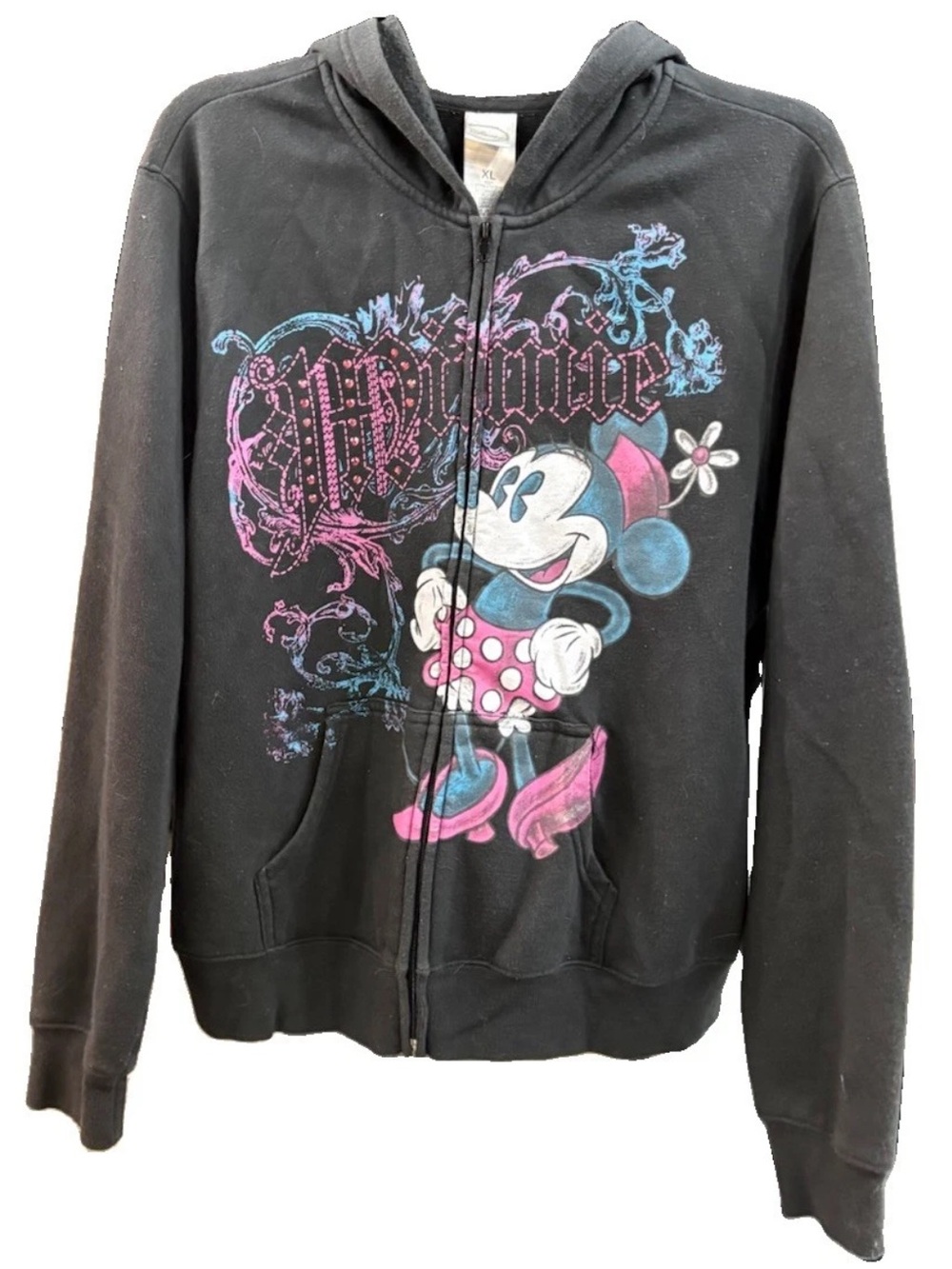 VTG Y2K DISNEY MINNIE Mouse Graphic Hoodie BLK Multicolor Rhinestone Full Zip XL